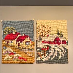 Two Vintage Needlepoint Cottage Art Set